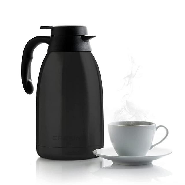 Cresimo 68 Oz Stainless Steel Black Thermal Coffee Carafe / Double Walled Vacuum Flask / 12 Hour Heat Retention / 2 Liter Tea, Water, and Coffee Dispenser