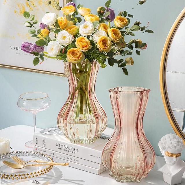 QRF Vases for Flowers, Medium Fluted Glass Vases, Set of 2 Translucent Pink Vases, Thanksgiving Decorations Indoor, Table Decor, Gifts, Wedding, Anniversary