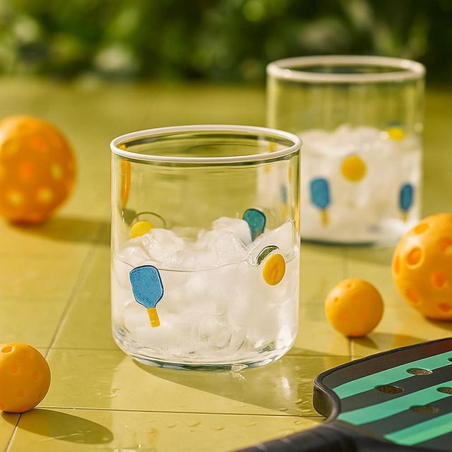 SiliFine 2 Pcs Racket and Yellow Ball Icon Juice Glasses - 14oz Sport Stemless Wine Drinking Coffee Glass Cup for Party Supplies & Gift