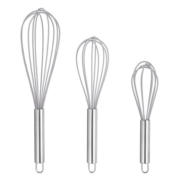 Unique Bargains Stainless Steel Silicone Non-Stick Coated Heat-Resistant Whisk 3 Pcs Grey