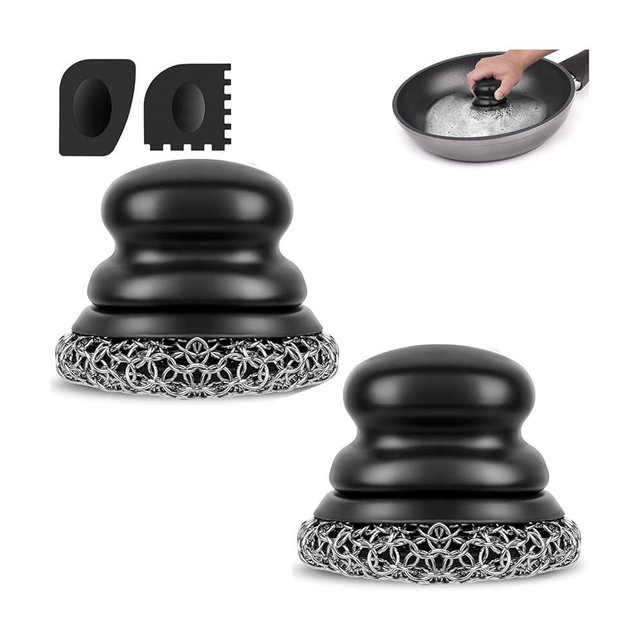 Onewly Cast Iron Scrubber (2 × Black Coarse Mesh) and and Scraper, Chain Mail Scrubber for Cleaning Stock Pots, Pans, Griddles, Grills, Cast Iron Skillets, Dish Scouring Pads