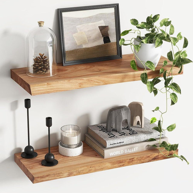 Reclaimed Elm Wood Floating Shelves for Wall, Live Edge 24"W x 9.2"D x 1.4"H, Set of 2 with Invisible Bracket, Wall Mounted Shelves for Living Room Bedroom Kitchen Bathroom Decor, Natural Finish