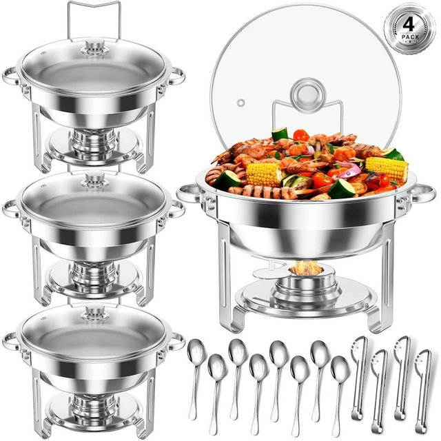 Keyoxy Round Chafing Dishes for Buffet 5 Qt,High Grade Chafing Dish Buffet Set with Glass Lid & Lid Holder,Full Size Pan,Food Warmers for Parties,Buffet,Wedding, Birthday 4 Pack (Silver)