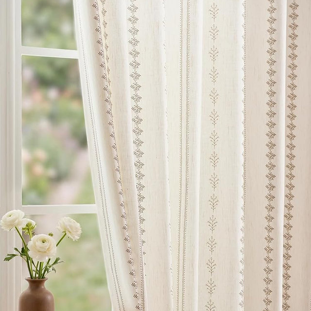THREE GIRLS Pinch Pleated Taupe Floral Block Print Curtains 96 Inches Long, Vintage Boho Linen Blend Drapes for Bedroom Living Room, 2 Panels Set