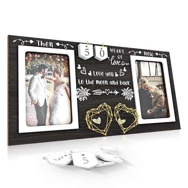 ZCPTZ Then & Now Anniversary Picture Frame - 1-99 Years Anniversary Wedding Gift for Couple, Engagement Bridal Shower Gifts for Couples Wood Photo Frame Holds Two 4x6 Inches Photos-Black