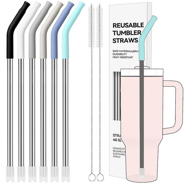 Soledea 40 oz Straight Metal Straws for 40 oz Stanley Tumbler, 6Pcs Stainless Steel Reusable Drinking Metal Straw with Colourful Silicone Tips,Straw for Glass Cups, BPA FREE