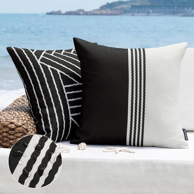 Phantoscope Pack of 2 Outdoor Indoor Throw Decorative Pillow Cover Contrast Color Design Decorative Waterproof Patio Pillows Cushion Case for Couch Tent Park,Black and White 18 x 18 in