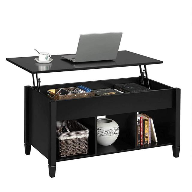 YAHEETECH Minimalist Wooden Lift Top Coffee Table w/Hidden Storage Compartment & Lower 3 Cube Open Shelves for Living Room/Reception Room/Office, Black