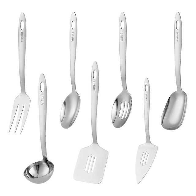 Stainless Steel Serving Utensils Set, HIFIND 7Pcs Small Kitchen Utensils Set, Small Utensils for Serving, Ladle, Slotted Spatula, Meat Fork, Slotted Spoon, Cake Server, Solid Spoon, Square Spoon