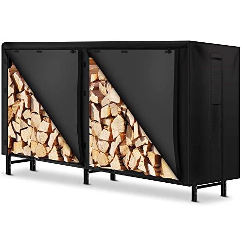 Amagabeli 8ft Firewood Log Rack Cover Weather Resistant Outdoor Heavy Duty Waterproof 600D Oxford Fabric Fireplace Logs Holder Covering Fire Wood Storage Covers with PVC Backing Black