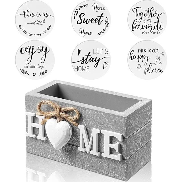 Coasters for Drinks Wooden Heart Coasters Set of 6 Farmhouse Coasters with Holder Funny Coasters for Coffee Table Protection Housewarming Gifts for New Home Decoration, 4 Inch