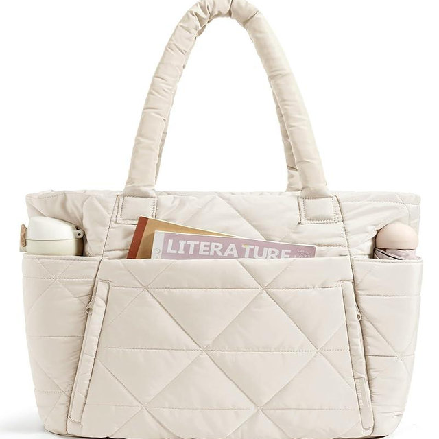 BAGSMART Tote Bag for Women, Puffy Tote Bag with Zipper, Large Quilted Shoulder Bag with Compartments for Travel, Work, Gym