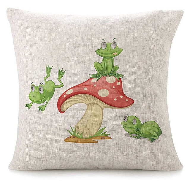 Throw Pillow Covers for Couch 3 Frogs On Mushroom Bed Or Sofa Pillows Case Cartoon Cute Leap Adorable Amphibian Animal Green Red Spots Decorative Square Linen Cushion Covers 18"X18"