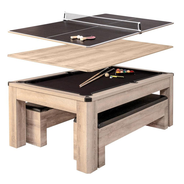 Atomic 7' Hampton 3-in-1 Combination Table includes Billiards, Table Tennis, and Dining Table with XL Dual-Storage Bench Seating