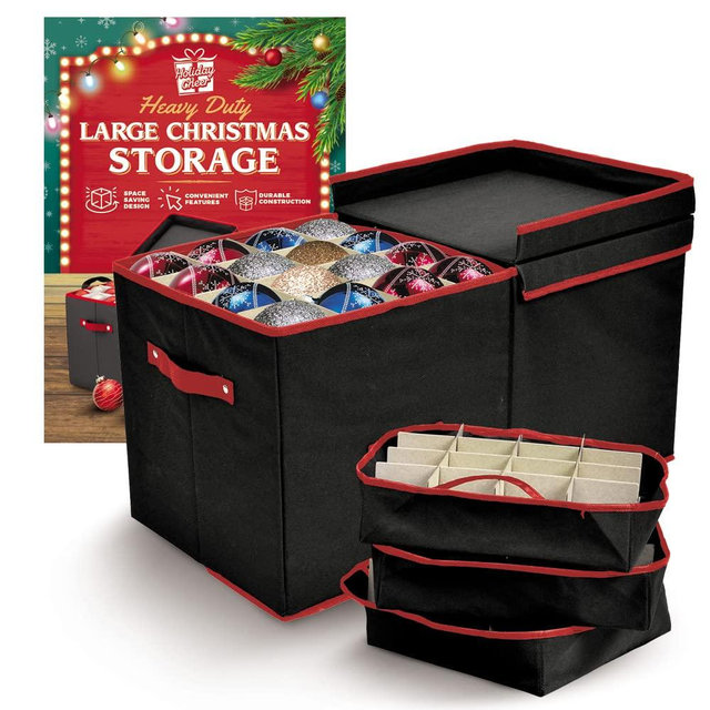 Holiday Cheer Premium Christmas Ornament Storage with 8 Tray - Christmas Storage Container with Dividers Perfect for Holiday Decorations - Fits 128 Holiday Ornaments - Tear-Proof Fabric (Black)
