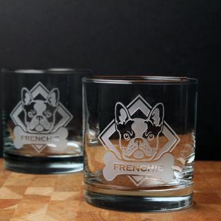 WOOF! French Bulldog On The Rocks Glass, Set of 4
