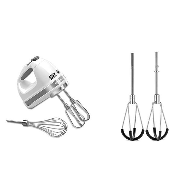 KitchenAid KHM7210WH 7-Speed Digital Hand Mixer with Turbo Beater II Accessories and Pro Whisk - White & KHMFEB2 Flex Edge Beater Accessory for Hand Mixer, One Size, Stainless Steel