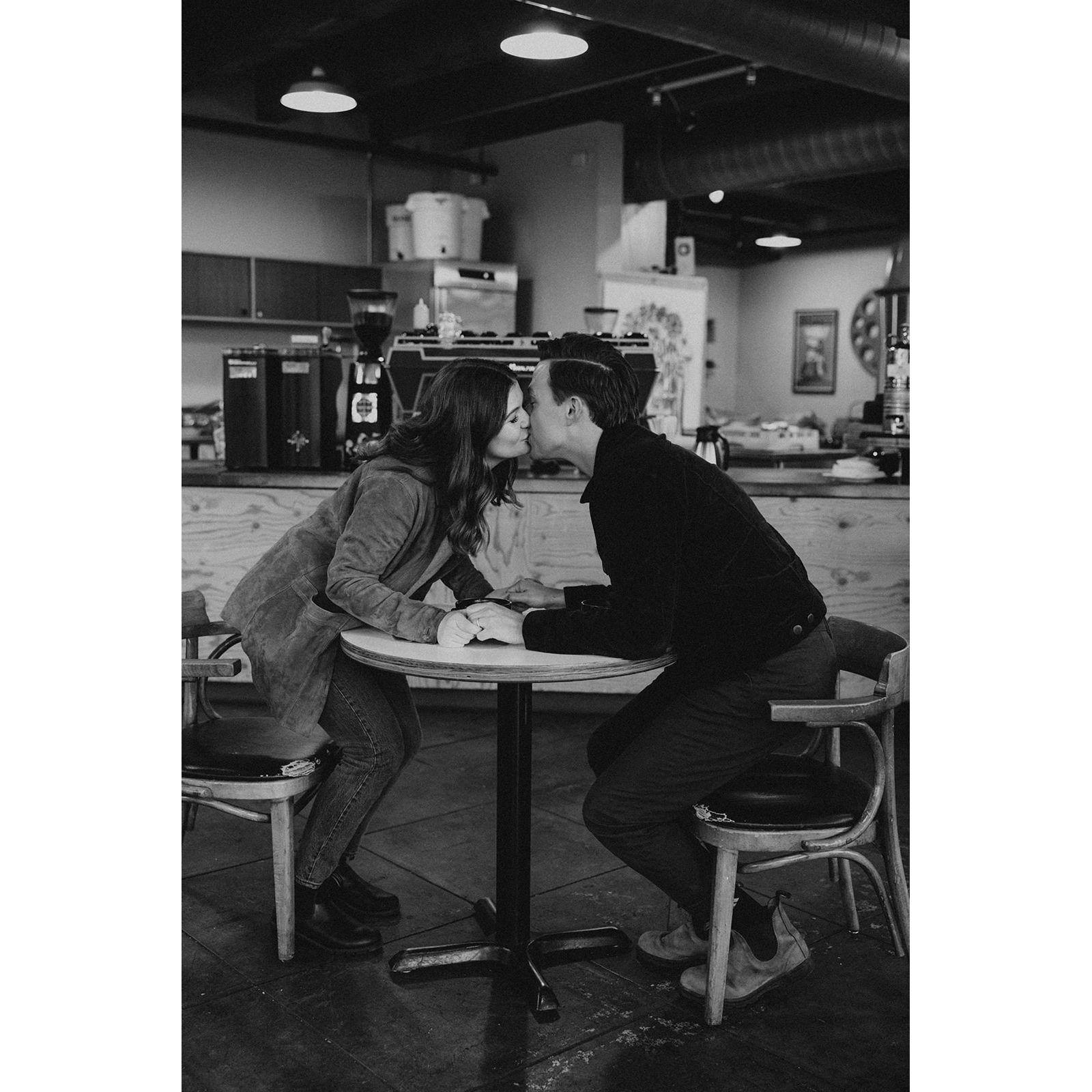 Engagement photos by In the Alpenglow at Bluebeard Coffee Roasters on a rainy day in Tacoma, Wahington in the fall of 2023.