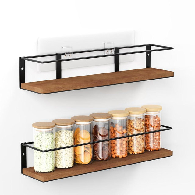 GIGIFTREE Spice Rack Self-Adhesive or drilling, Rustic Style Hanging Spice Rack, Spice Organization for Cabinet Door or Wall Mount, Over The Stove, Kitchen Wall, 2-Pack