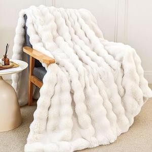 Faux Rabbit Fur Throw Blanket for Couch, Fluffy Warm Plush Thick Bubble Blanket for Bed Sofa Living Room, Soft Cozy Furry Blanket, 60x80 inches, Cream White