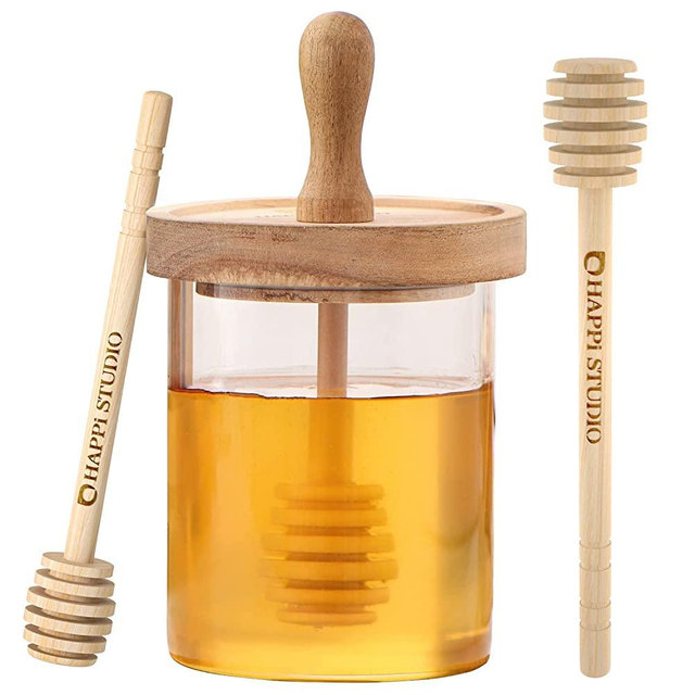 HAPPi STUDIO Premium Honey Jar and Dipper Set - 13 Oz Honey Pot - Glass Honey Jars with Dipper -Wooden Lid with Seal - Honey Dipper Stick and Jar Set - Honey Dispenser - Honey Containers