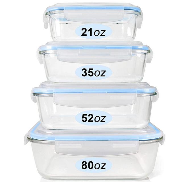Glass Food Storage Containers Set, Large Size Glass Containers with Lids, BPA-free Locking lids, 100% Leak Proof Glass Meal Prep Containers, Freezer to Oven Safe (4 Pack of 80oz, 52oz, 35oz, 21oz)