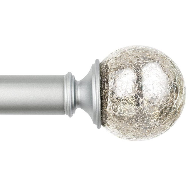 KAMANINA 1 Inch Curtain Rod Single Window Rod 36-72 Inches (3-6 Feet), Crackle Glass Finials, Drapery Rod Silver