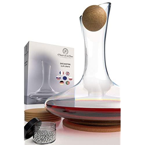 Crystallin Wine Decanter & Accessories (Cleaning Beads, Cork Stopper, Mat & Coasters) – 100% Handmade in Europe, Lead-Free Crystal Glass Wine Carafe – Unique Gift Idea