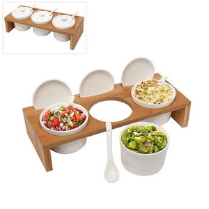 MyGift - (3 Pcs) 3.5-Inch Ceramic Condiment Dip Sauce Ramekins Set w/ Lids & Spoons on Bamboo Sampler Serving Tray