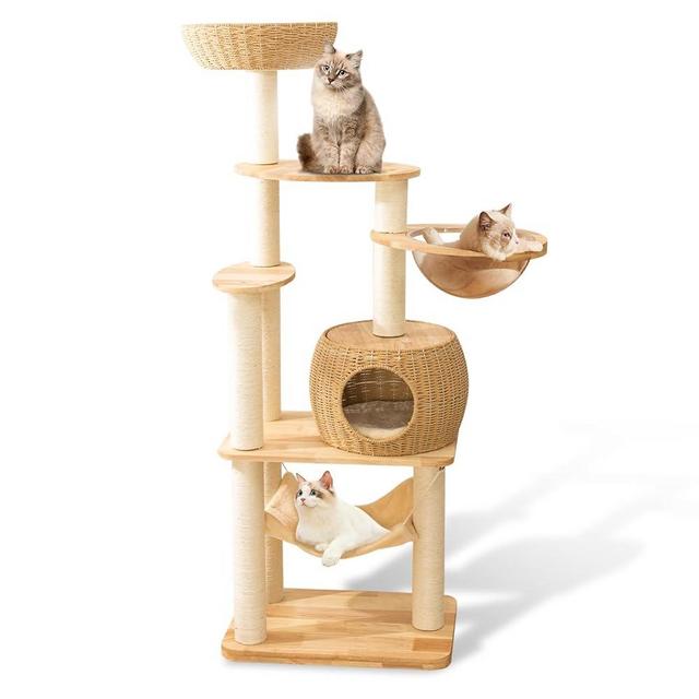 59" Big Modern Cat Tree Tower, Cat Tower Sisal-Covered Scratching Posts for Indoor Cats, Oak Wood Cat Tree for Large Cats, Multi-Level Cat Condo with Space Capsule Nest, Cat Furniture Activity Centre