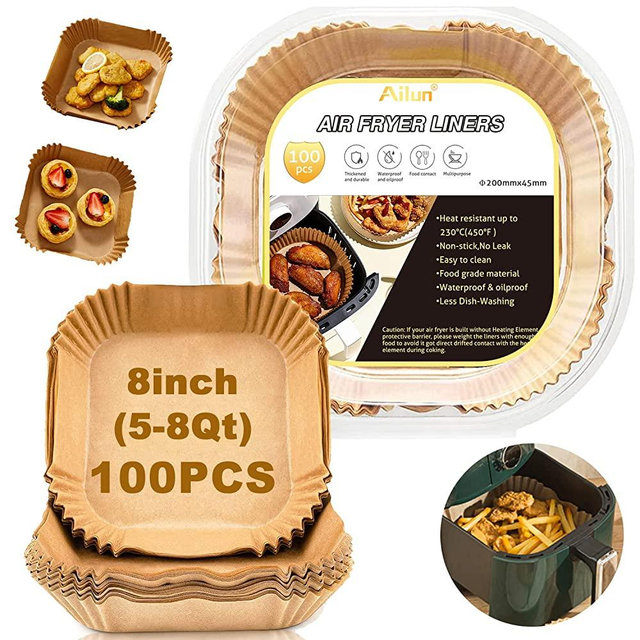 Ailun 8inch Square Air Fryer Disposable Paper Liners, 100PCS Non-Stick Air Fryer Parchment Liner, Oil Resistant, Waterproof, Food Grade Baking Paper for 5-8 QT Air Fryer Baking Roasting Microwave