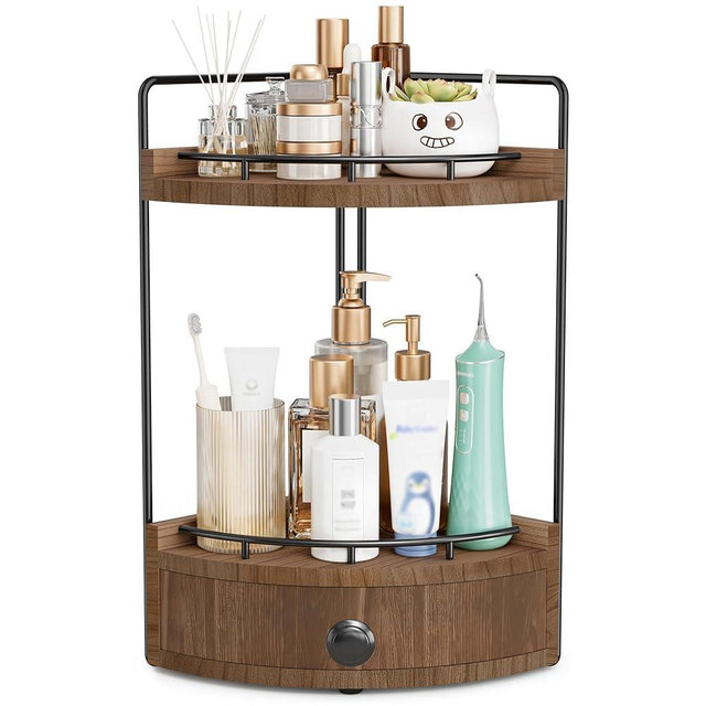Aollewoiti 2-Tier Corner Bathroom Counter Organizer with Drawer & Embedded Screw Holes - Wooden Countertop Organizers for Skincare, Makeup Storage, Bathroom Sink Counter Shelf for Vanity, Dark Brown