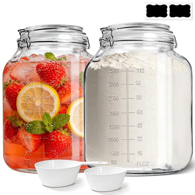 KTMAMA 1.1 Gallon Wide Mouth Glass Canisters with Airtight Lids & Measurement Marks (2-Pack) – Includes 2 Measuring Scoops & Labels, Food Storage Jars for Flour, Sugar & Baking Supplies | BPA-Free
