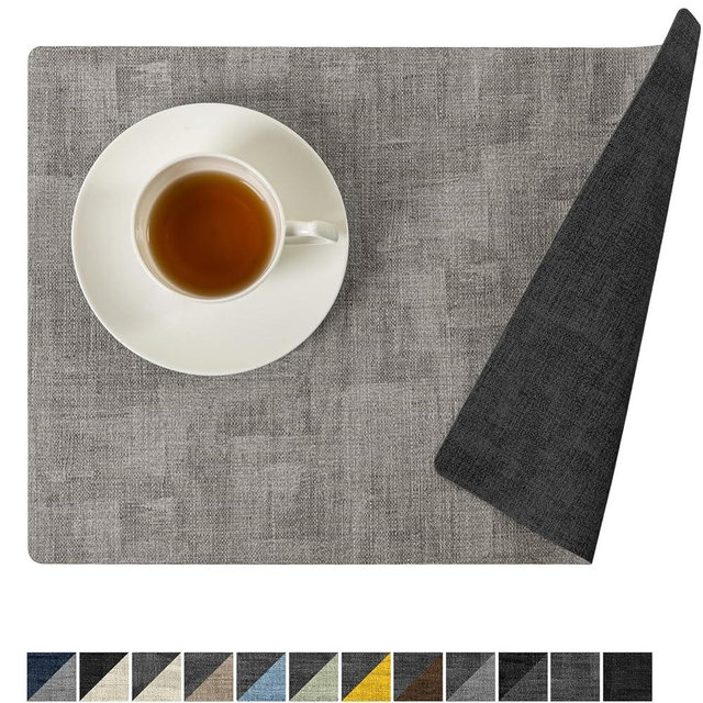 Romanstile Reversible Vinyl Placemats Set of 4, Faux Leather 100% Waterproof Oil-proof Wipeable Place Mats, Heat Resistant Dual Sided Table Mats for Kitchen/Dining/Party (Grey Light Grey, 12 x 18 Inch