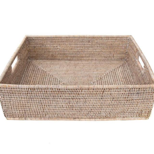 Tava Handwoven Rattan Rectangular Storage Basket, Large, White Wash