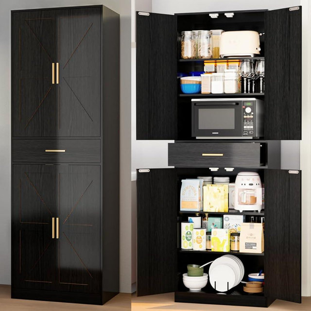 GTFURNI 71" Tall Kitchen Pantry Storage Cabinet with 4 Doors & Drawer, Adjustable Shelves, Farmhouse Cupboard, Freestanding Cabinet for Dining Room/Living Space, Black