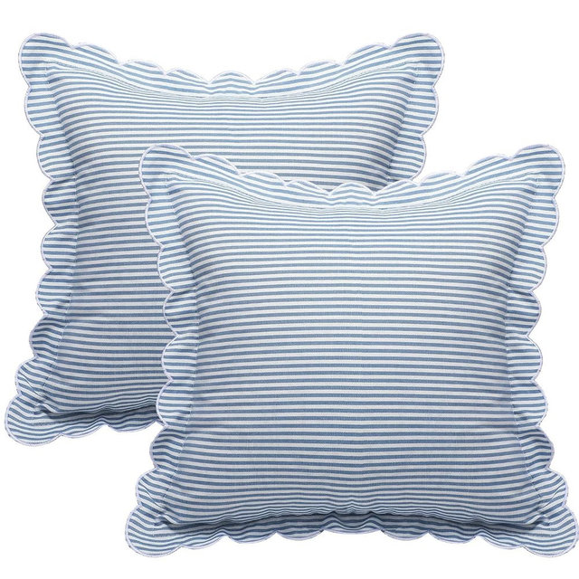 Newwiee 2 Pack Scalloped Pillow Cover 18 x 18 Inch Stripe Throw Pillow Cover Cotton Decorative Pillowcase for Women Men Couch Living Room Cushion Indoor Outdoor Decoration(Blue, Scalloped)
