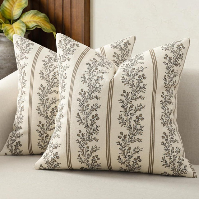 DKwizme Vintage Throw Pillow Covers 22x22 Set of 2, Striped Floral Pillow Cover Botanical Patterned Decorative Cushion Covers Modern Farmhouse Home Decor for Sofa Couch Bed Living Room, Chocolate