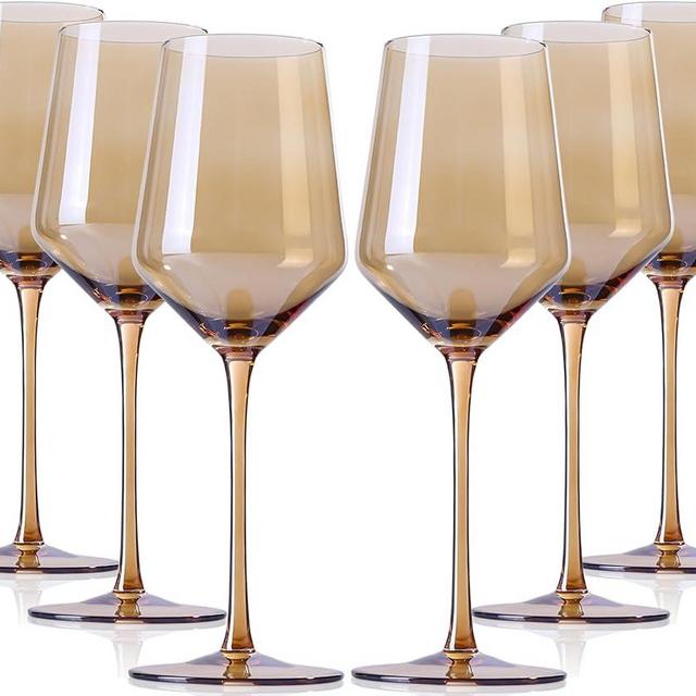 Amber Wine Glasses- Colored Wine Glasses Set Of 6 - Crystal Colorful Wine Glasses With Long Stem and Thin Rim,White Wine glasses,Perfect Colored Wine Stemware for Wine Lover in Birthday,Party15oz
