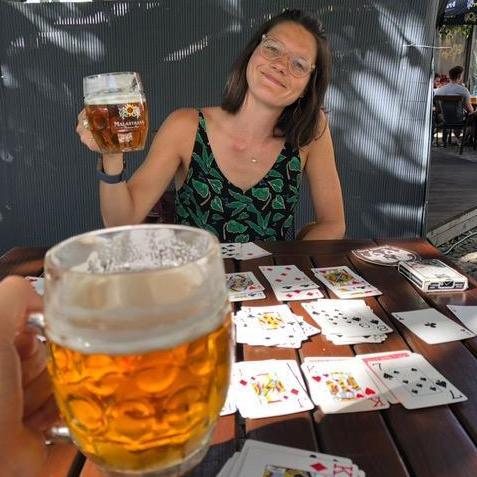 Beers and double solitaire. A famous Claire and Taylor past time (this was in beloved Prague!), 2019