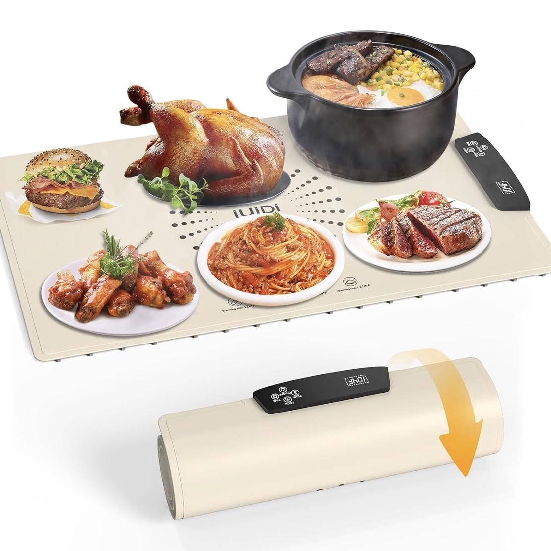 Food Warming Mat, Large Electric Warming Tray with 7 Temperature Settings 2-12H Timer and Child-Lock Fast Full Surface Heating Roll Up Food Warmers for Parties Buffet Gatherings Countertop