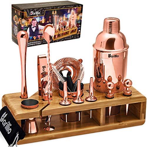 Copper 23-Piece Bartender Kit Cocktail Shaker Set by BARILLIO: Stainless Steel Rose Gold Bar Tools With Sleek Bamboo Stand, Velvet Carry Bag & Recipes Booklet