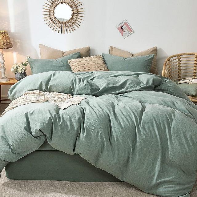 MooMee Bedding Duvet Cover Set 100% Washed Cotton Linen Like Textured Breathable Durable Soft Comfy (Green, Oversized King)