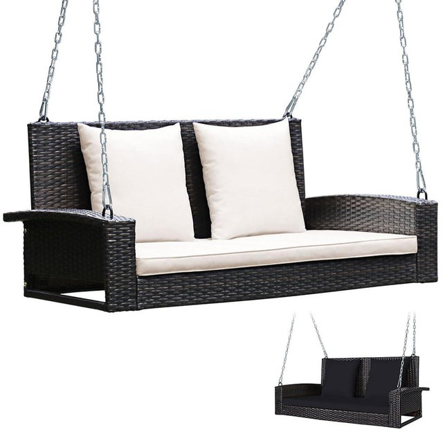 Tangkula 2-Person Wicker Porch Swing, Patiojoy Outdoor Rattan Hanging Swing Bench W/ 2 Back Cushions & 1 Seat Cushion, Sturdy Steel Chain, 800lbs Weight Capacity
