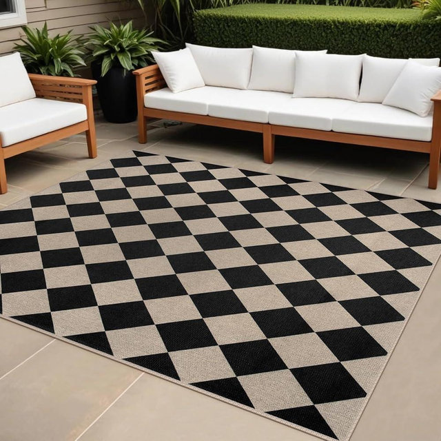 Rugalia Easy Jute Black Checkered 5x7 Area Rug, Washable Modern Outdoor Rug for Patio Non-Slip Diamond Rugs for Living Room, Neutral Farmhouse Floor Carpet for Bedroom Dining Room Classroom