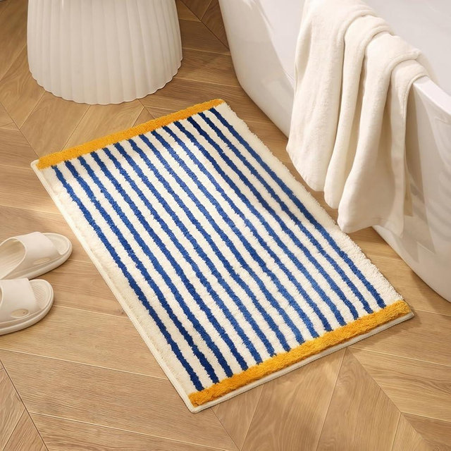 GIB Blue and White Striped Bathroom Rug Mat 32" x 20", Yellow Accent, Extra Soft Absorbent Non-Slip Washable Plush Fluffy Shaggy Microfiber Bath Mat for Bathroom Floor, Aesthetic Small Bedroom Rug