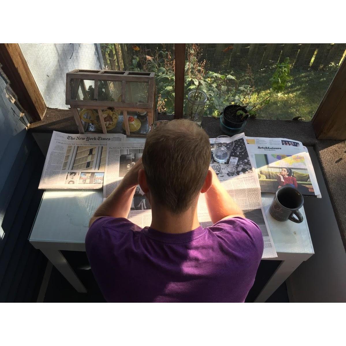 Steve's favorite Sunday-morning pastime - crosswords, coffee, and the NYTimes :: Summer 2017