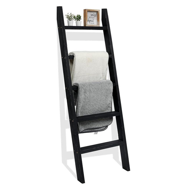 FUIN 5ft (58") Wood Blanket Ladder Living Room Decorative Wall Leaning Farmhouse Quilt Display Holder Shelf Rustic Wooden Towel Rack for Bathroom, Black