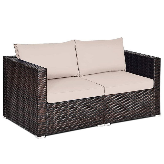 Tangkula 2 PCS Outdoor Wicker Corner Sofa Set, Patio Rattan Loveseat w/Removable Cushions, Sectional Sofa Set Additional Seats for Balcony Patio Garden Poolside (Brown)