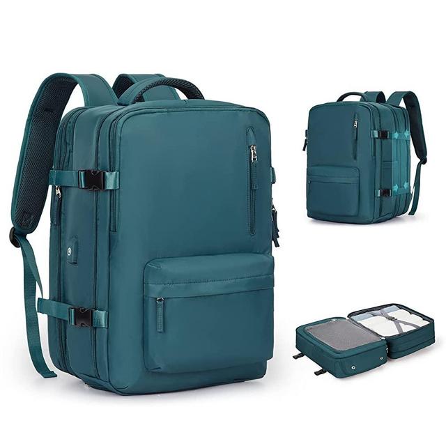 Large Travel Laptop Backpack, Expandable Flight Approved Backpack, Carry on Backpack for Women, Waterproof 17inch Laptop Hiking Backpack with Shoe Compartment, College School Backpack, Peacock Blue